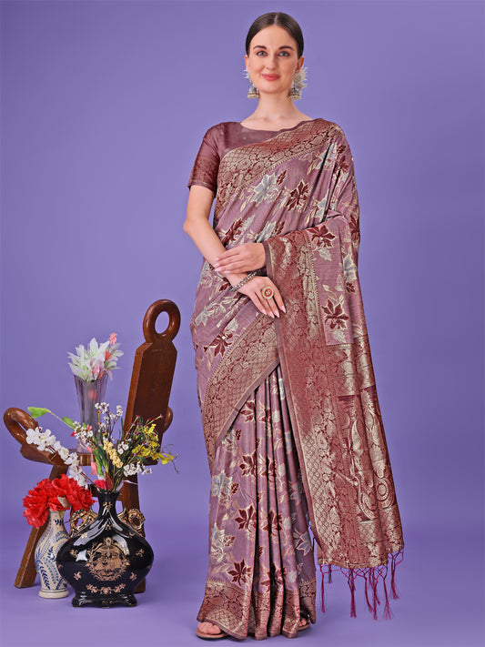 Astita Elegant Maroon Floral Lichi Silk Saree with Zari Weaving and Rich Pallu – Wedding & Festive Wear Saree