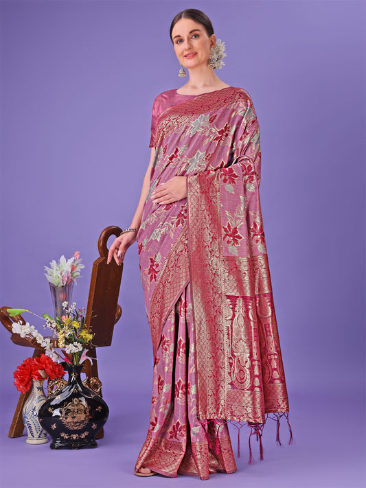 Astita Elegant Pink Floral Lichi Silk Saree with Zari Weaving and Rich Pallu – Wedding & Festive Wear Saree