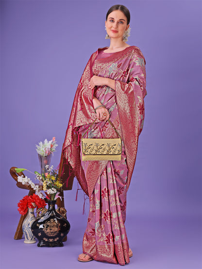 Astita Elegant Pink Floral Lichi Silk Saree with Zari Weaving and Rich Pallu – Wedding & Festive Wear Saree