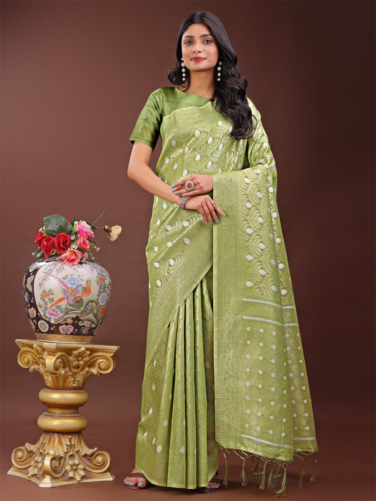 Astita Elegant Light Green Linen Saree with Silver Zari Butta & Pallu – Daily Wear | Festive Look | Soft Feel
