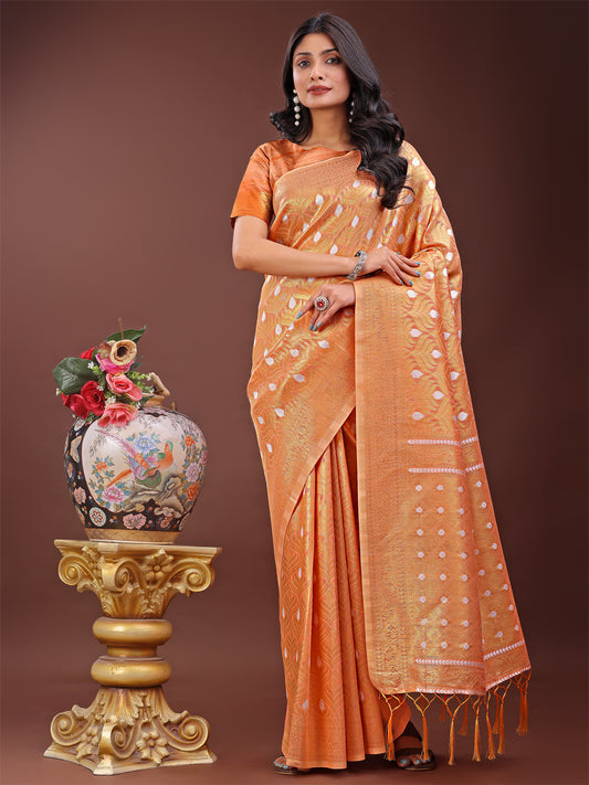 Astita Elegant Peach Linen Saree with Silver Zari Butta & Pallu – Daily Wear | Festive Look | Soft Feel