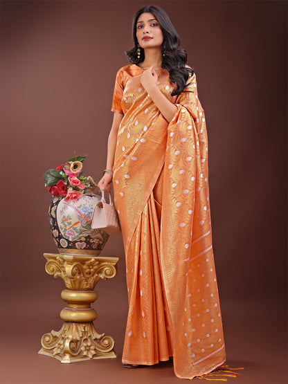Astita Elegant Peach Linen Saree with Silver Zari Butta & Pallu – Daily Wear | Festive Look | Soft Feel