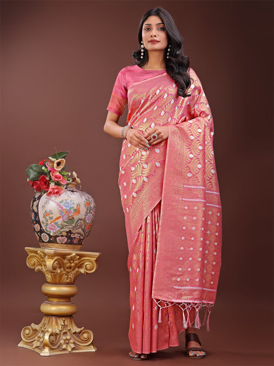 Astita Elegant Pink Linen Saree with Silver Zari Butta & Pallu – Daily Wear | Festive Look | Soft Feel