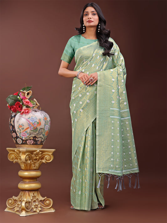 Astita Elegant Teal Linen Saree with Silver Zari Butta & Pallu – Daily Wear | Festive Look | Soft Feel