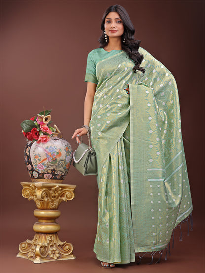 Astita Elegant Teal Linen Saree with Silver Zari Butta & Pallu – Daily Wear | Festive Look | Soft Feel