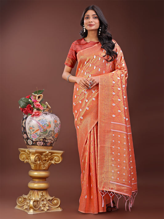 Astita Elegant Orange Linen Saree with Silver Zari Butta & Pallu – Daily Wear | Festive Look | Soft Feel