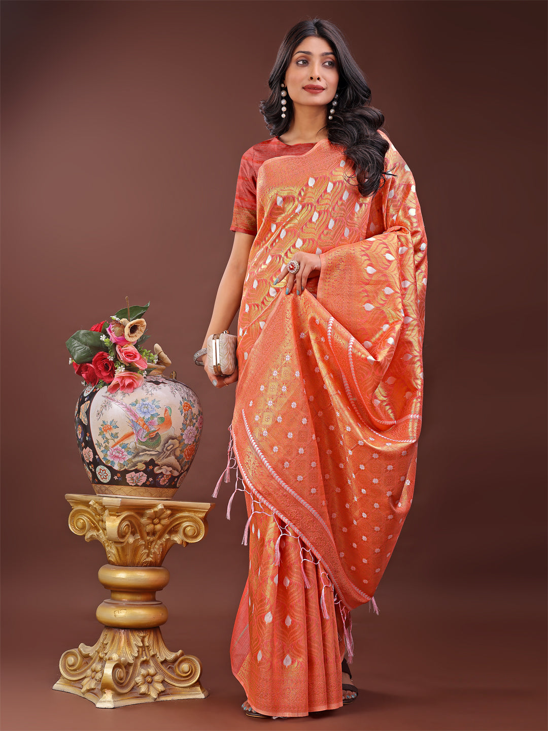 Astita Elegant Orange Linen Saree with Silver Zari Butta & Pallu – Daily Wear | Festive Look | Soft Feel