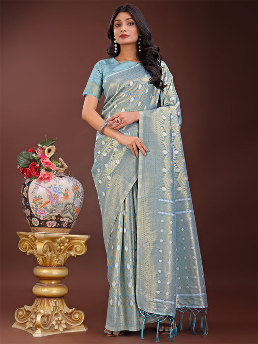 Astita Elegant Sky Blue Linen Saree with Silver Zari Butta & Pallu – Daily Wear | Festive Look | Soft Feel