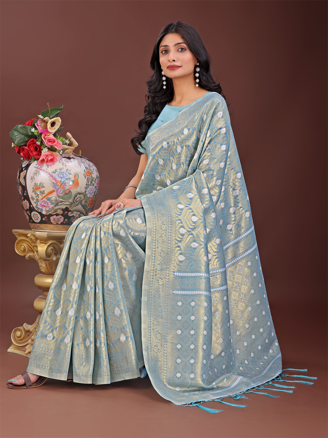 Astita Elegant Sky Blue Linen Saree with Silver Zari Butta & Pallu – Daily Wear | Festive Look | Soft Feel