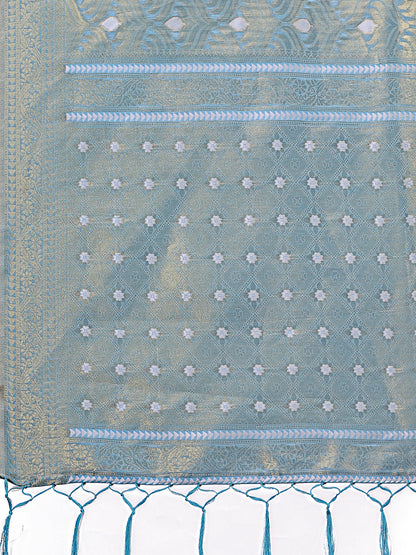 Astita Elegant Sky Blue Linen Saree with Silver Zari Butta & Pallu – Daily Wear | Festive Look | Soft Feel