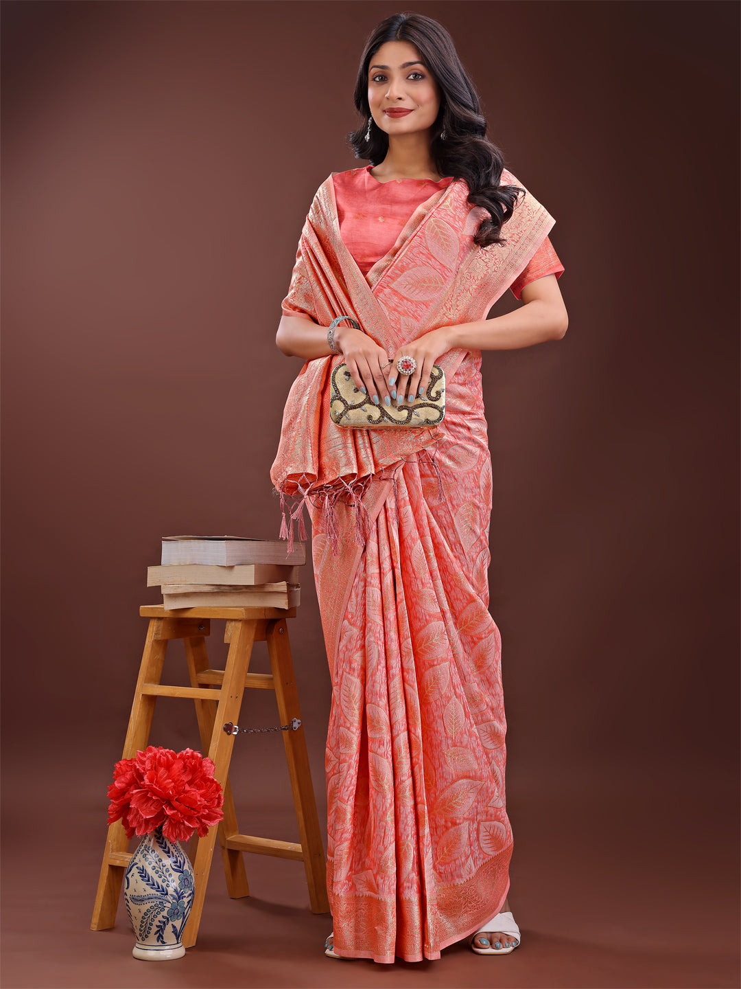 Astita Peach Pink Linen Cotton Saree with Golden Zari Leaf Design & Elegant Pallu – Festive | Office | Daily Wear