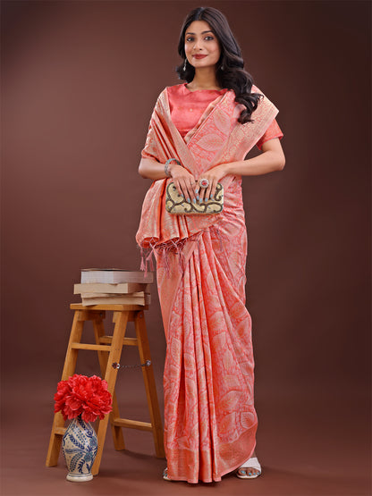 Astita Peach Pink Linen Cotton Saree with Golden Zari Leaf Design & Elegant Pallu – Festive | Office | Daily Wear