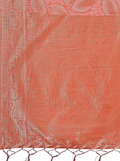 Astita Peach Pink Linen Cotton Saree with Golden Zari Leaf Design & Elegant Pallu – Festive | Office | Daily Wear