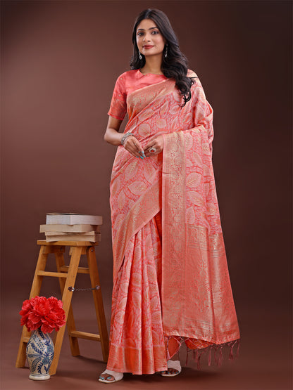 Astita Peach Pink Linen Cotton Saree with Golden Zari Leaf Design & Elegant Pallu – Festive | Office | Daily Wear