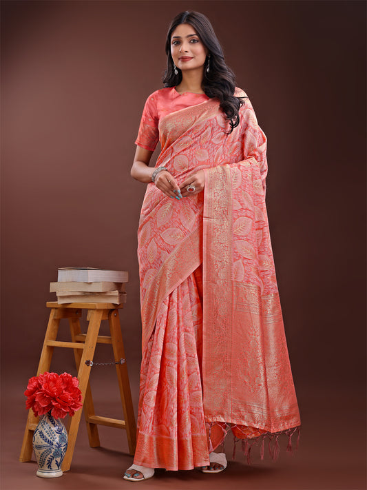 Astita Peach Pink Linen Cotton Saree with Golden Zari Leaf Design & Elegant Pallu – Festive | Office | Daily Wear