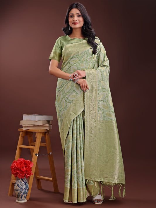 Astita Light Green Linen Cotton Saree with Golden Zari Leaf Design & Elegant Pallu – Festive | Office | Daily Wear