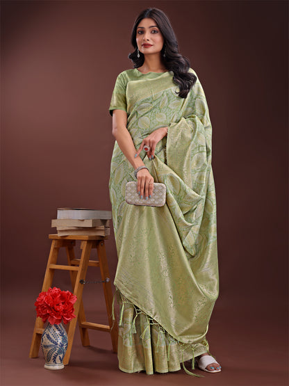 Astita Light Green Linen Cotton Saree with Golden Zari Leaf Design & Elegant Pallu – Festive | Office | Daily Wear