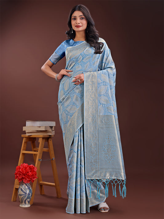 Astita Sky Blue Linen Cotton Saree with Golden Zari Leaf Design & Elegant Pallu – Festive | Office | Daily Wear