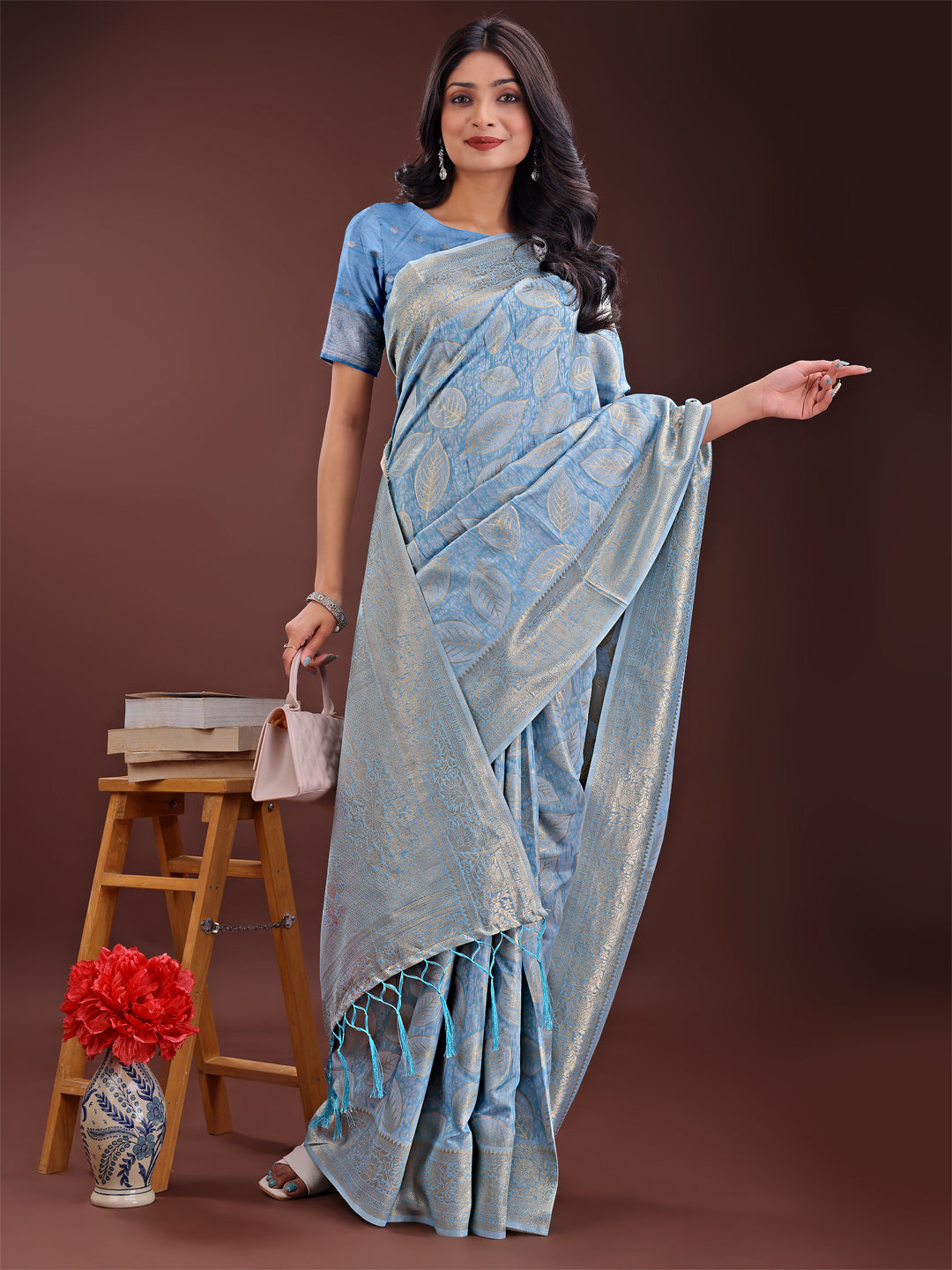Astita Sky Blue Linen Cotton Saree with Golden Zari Leaf Design & Elegant Pallu – Festive | Office | Daily Wear