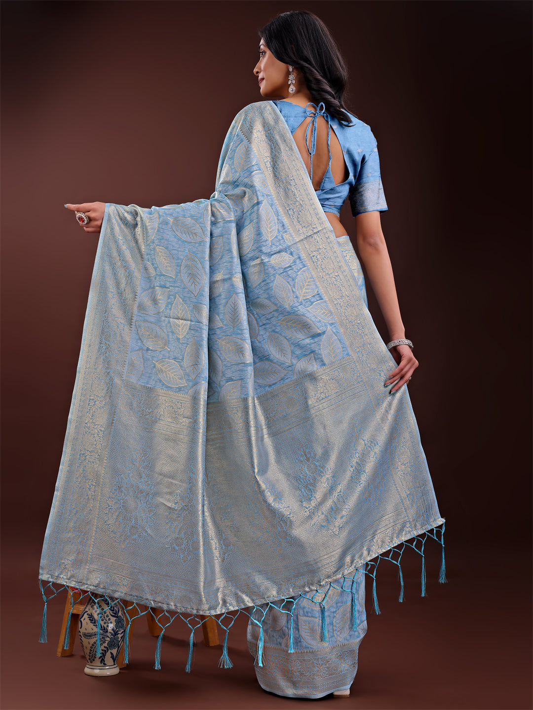 Astita Sky Blue Linen Cotton Saree with Golden Zari Leaf Design & Elegant Pallu – Festive | Office | Daily Wear