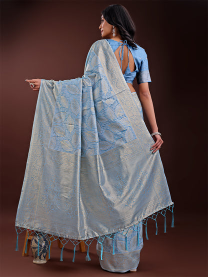 Astita Sky Blue Linen Cotton Saree with Golden Zari Leaf Design & Elegant Pallu – Festive | Office | Daily Wear