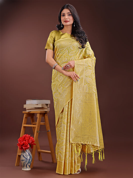 Astita Yellow Linen Cotton Saree with Golden Zari Leaf Design & Elegant Pallu – Festive | Office | Daily Wear