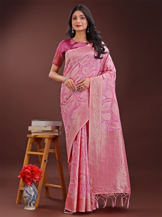 Astita Pink Linen Cotton Saree with Golden Zari Leaf Design & Elegant Pallu – Festive | Office | Daily Wear