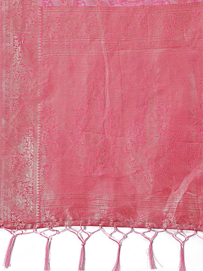 Astita Pink Linen Cotton Saree with Golden Zari Leaf Design & Elegant Pallu – Festive | Office | Daily Wear