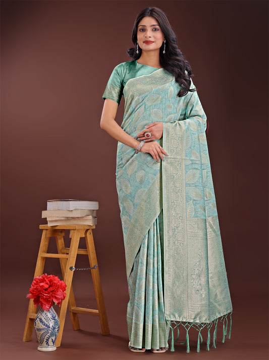 Astita Sea Green Linen Cotton Saree with Golden Zari Leaf Design & Elegant Pallu – Festive | Office | Daily Wear