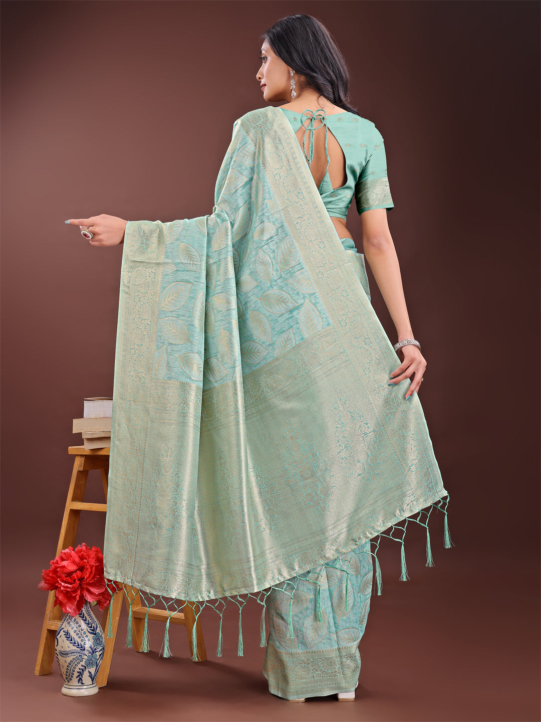 Astita Sea Green Linen Cotton Saree with Golden Zari Leaf Design & Elegant Pallu – Festive | Office | Daily Wear
