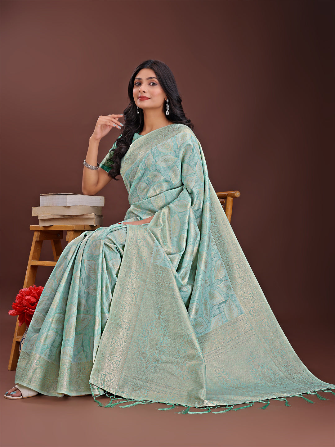 Astita Sea Green Linen Cotton Saree with Golden Zari Leaf Design & Elegant Pallu – Festive | Office | Daily Wear