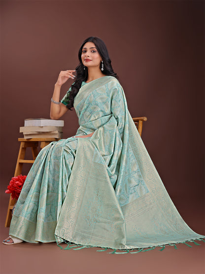 Astita Sea Green Linen Cotton Saree with Golden Zari Leaf Design & Elegant Pallu – Festive | Office | Daily Wear