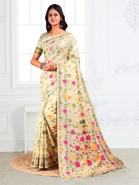 Astita Off White Floral Linen Cotton Saree with Zari Detailing & Printed Pallu – Lightweight Traditional Saree for Festive & Daily Elegance