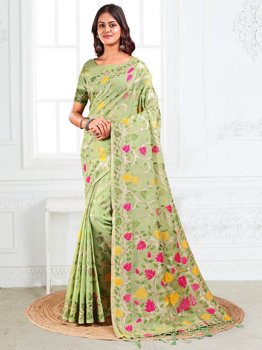 Astita Light Green Floral Linen Cotton Saree with Zari Detailing & Printed Pallu – Lightweight Traditional Saree for Festive & Daily Elegance