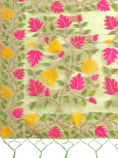 Astita Light Green Floral Linen Cotton Saree with Zari Detailing & Printed Pallu – Lightweight Traditional Saree for Festive & Daily Elegance