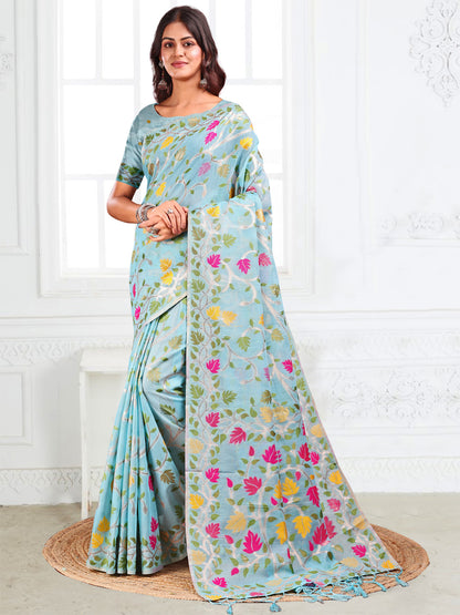 Astita Sky Blue Floral Linen Cotton Saree with Zari Detailing & Printed Pallu – Lightweight Traditional Saree for Festive & Daily Elegance