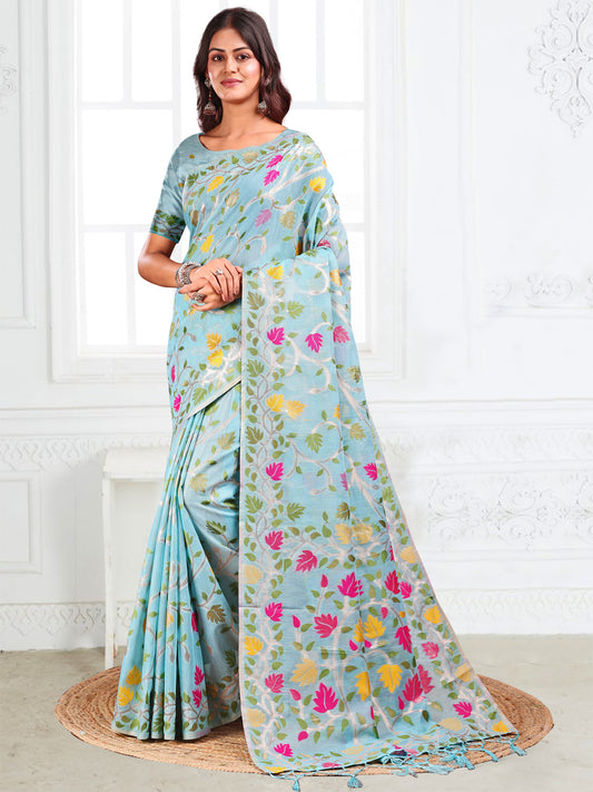 Astita Sky Blue Floral Linen Cotton Saree with Zari Detailing & Printed Pallu – Lightweight Traditional Saree for Festive & Daily Elegance