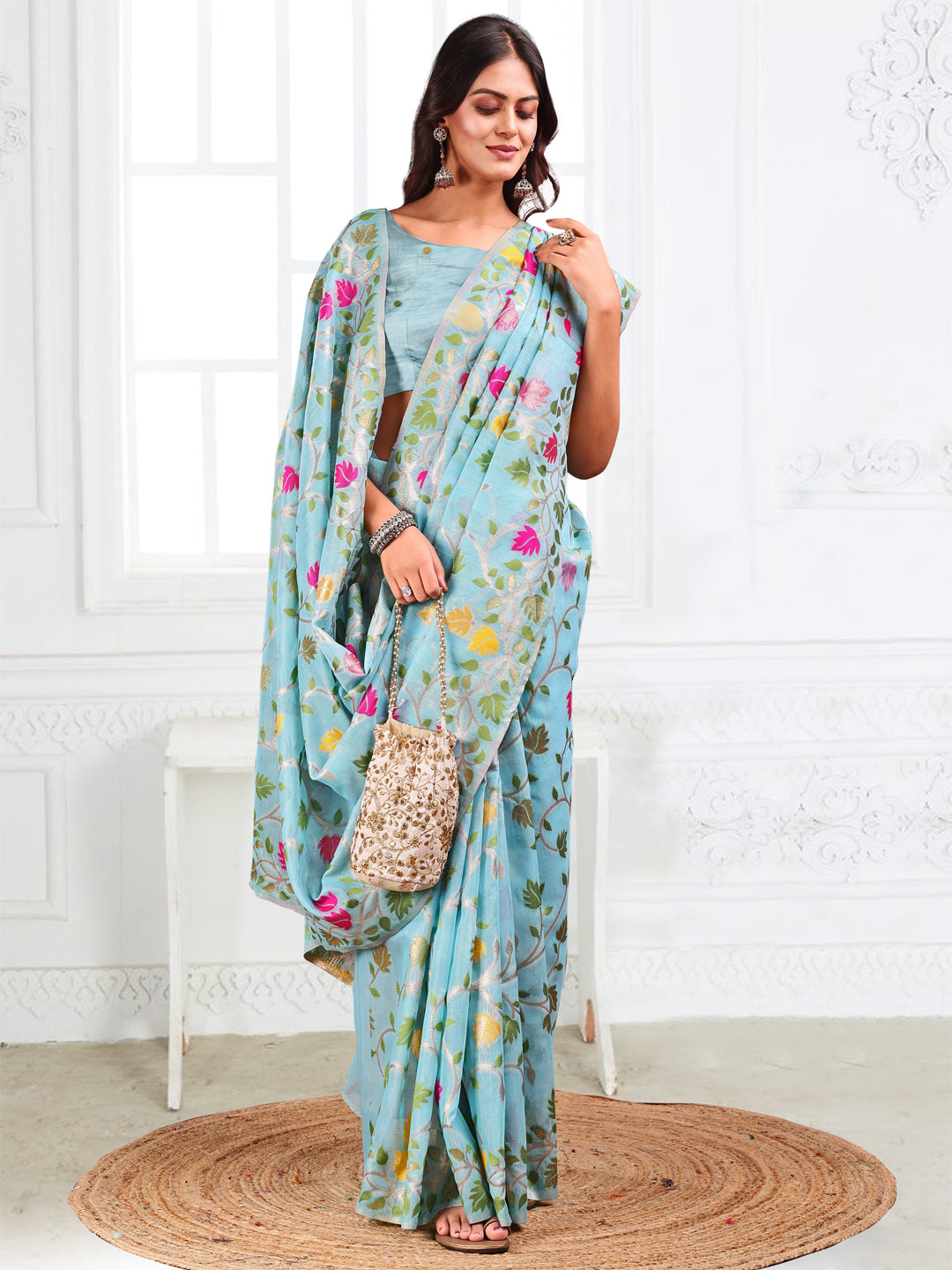 Astita Sky Blue Floral Linen Cotton Saree with Zari Detailing & Printed Pallu – Lightweight Traditional Saree for Festive & Daily Elegance