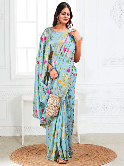 Astita Sky Blue Floral Linen Cotton Saree with Zari Detailing & Printed Pallu – Lightweight Traditional Saree for Festive & Daily Elegance