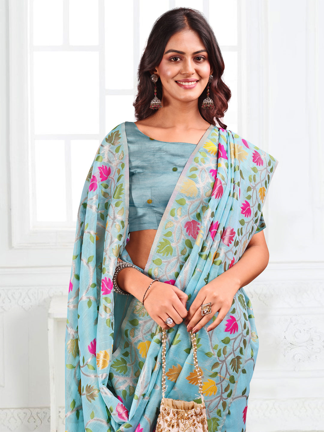 Astita Sky Blue Floral Linen Cotton Saree with Zari Detailing & Printed Pallu – Lightweight Traditional Saree for Festive & Daily Elegance