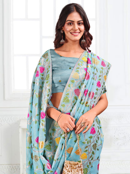 Astita Sky Blue Floral Linen Cotton Saree with Zari Detailing & Printed Pallu – Lightweight Traditional Saree for Festive & Daily Elegance