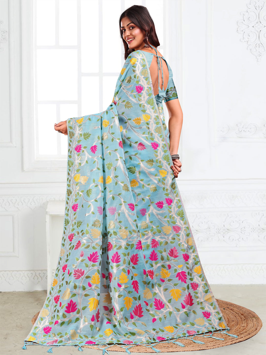 Astita Sky Blue Floral Linen Cotton Saree with Zari Detailing & Printed Pallu – Lightweight Traditional Saree for Festive & Daily Elegance