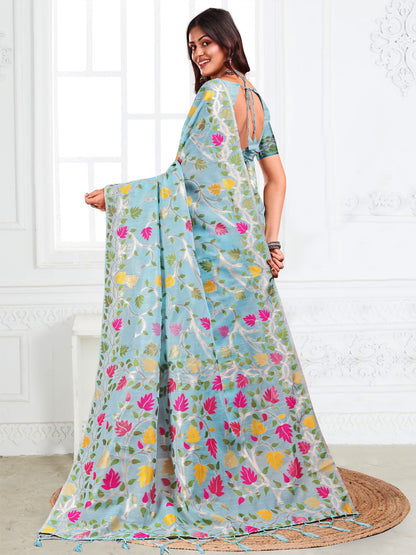 Astita Sky Blue Floral Linen Cotton Saree with Zari Detailing & Printed Pallu – Lightweight Traditional Saree for Festive & Daily Elegance