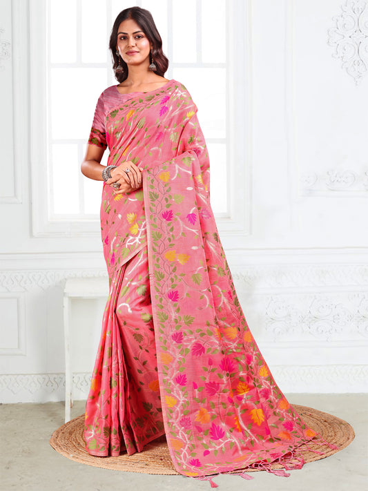 Astita Pink Floral Linen Cotton Saree with Zari Detailing & Printed Pallu – Lightweight Traditional Saree for Festive & Daily Elegance