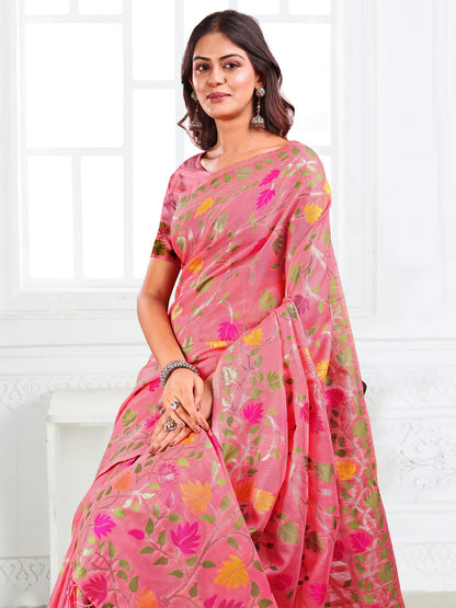 Astita Pink Floral Linen Cotton Saree with Zari Detailing & Printed Pallu – Lightweight Traditional Saree for Festive & Daily Elegance
