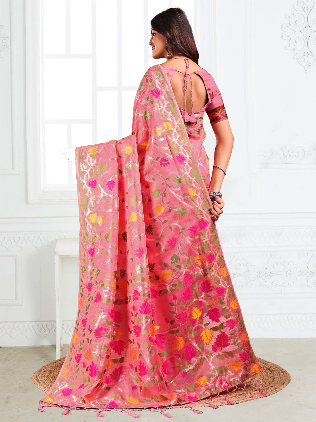 Astita Pink Floral Linen Cotton Saree with Zari Detailing & Printed Pallu – Lightweight Traditional Saree for Festive & Daily Elegance