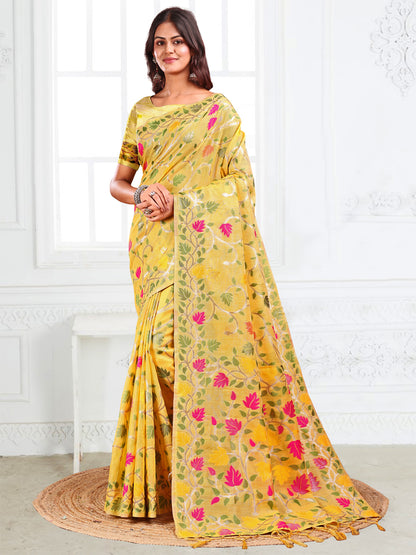 Astita Yellow Floral Linen Cotton Saree with Zari Detailing & Printed Pallu – Lightweight Traditional Saree for Festive & Daily Elegance