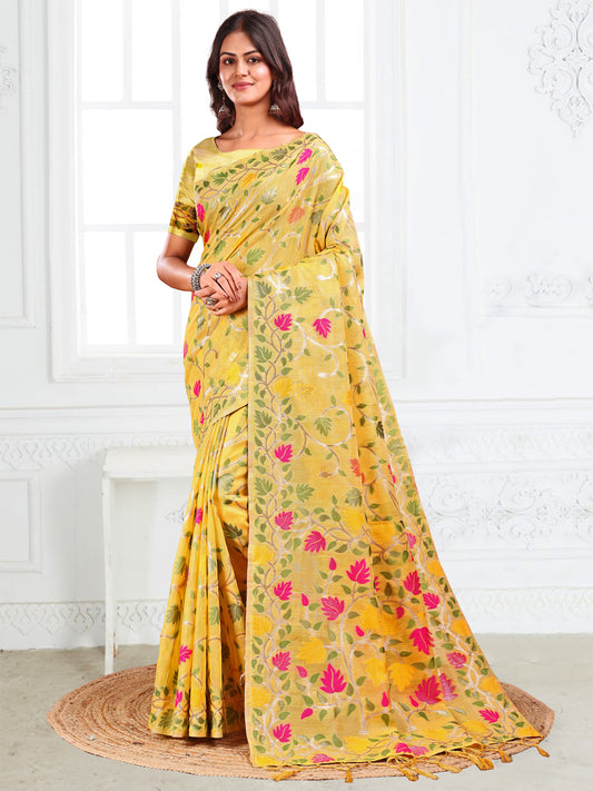Astita Yellow Floral Linen Cotton Saree with Zari Detailing & Printed Pallu – Lightweight Traditional Saree for Festive & Daily Elegance