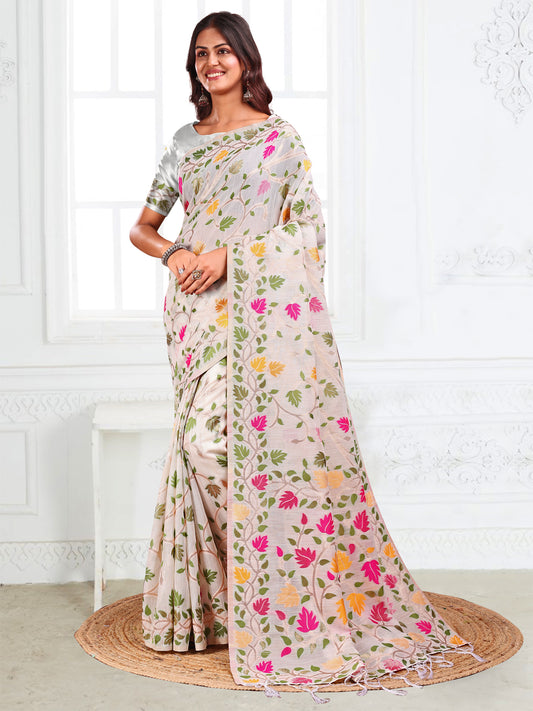 Astita White Floral Linen Cotton Saree with Zari Detailing & Printed Pallu – Lightweight Traditional Saree for Festive & Daily Elegance