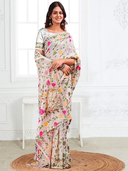 Astita White Floral Linen Cotton Saree with Zari Detailing & Printed Pallu – Lightweight Traditional Saree for Festive & Daily Elegance